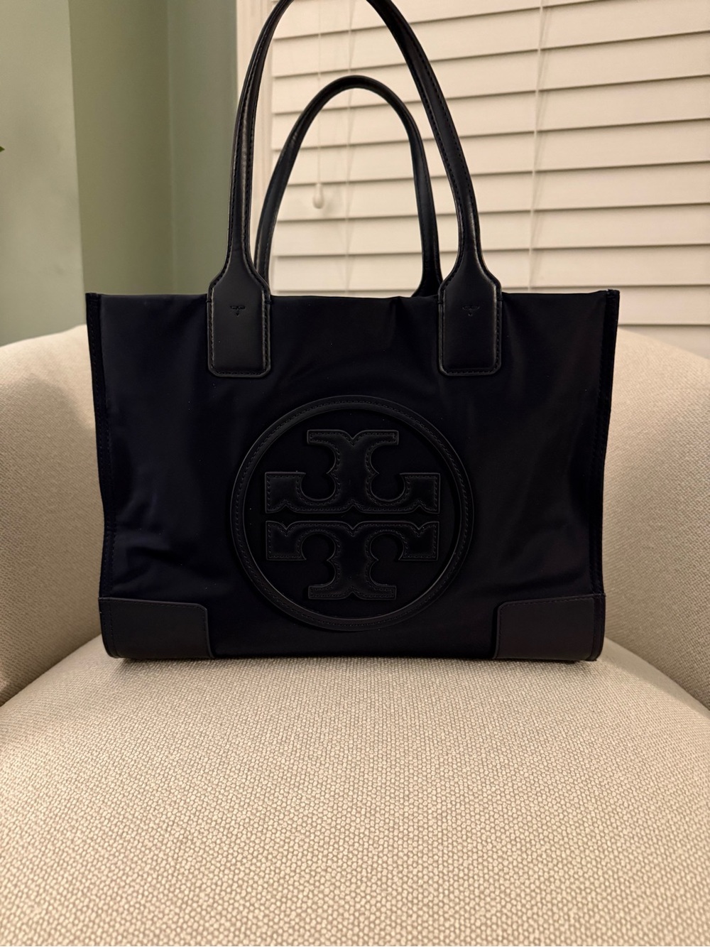 Tory Burch Small Navy Ella Tote with Leather Trim